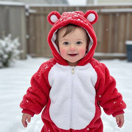 Photograph of a smiling baby in a red, fuzzy, bear-eared onesie with white chest, standing in a snow-covered backyard.