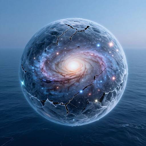 CGI image of a glowing, crystalline sphere with a spiral galaxy core, set against a blue ocean and sky background.
