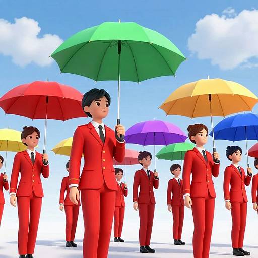 Digital illustration of a group of cartoon-style men in red suits holding colorful umbrellas, standing against a bright blue sky with white clouds.