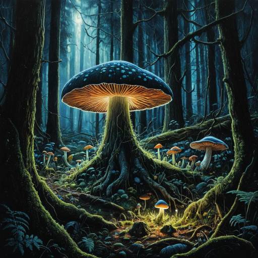 Bioluminescent Mushroom in Dark Forest