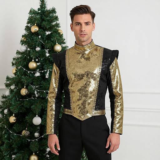 Photograph of a handsome man with short brown hair, wearing a shimmering gold and black sequined long-sleeve top, standing in front of