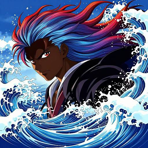 Dynamic anime-style illustration of a dark-skinned character with vibrant blue and red hair, intense red eyes, and a black jacket, emerging from powerful,