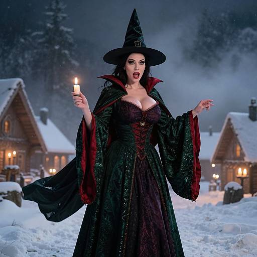Photorealistic image of a pale, dark-haired witch in black dress and hat, holding a candle, standing in a snowy, moonlit village.