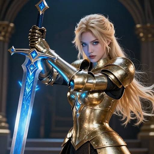 Digital art of a fierce blonde woman with blue eyes, wearing golden armor, holding a glowing blue sword, standing in a dark, archway-lit