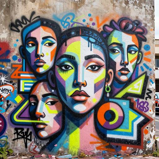 Vibrant graffiti mural featuring four stylized, multi-colored faces with bold outlines, neon accents, and abstract shapes on a textured wall.