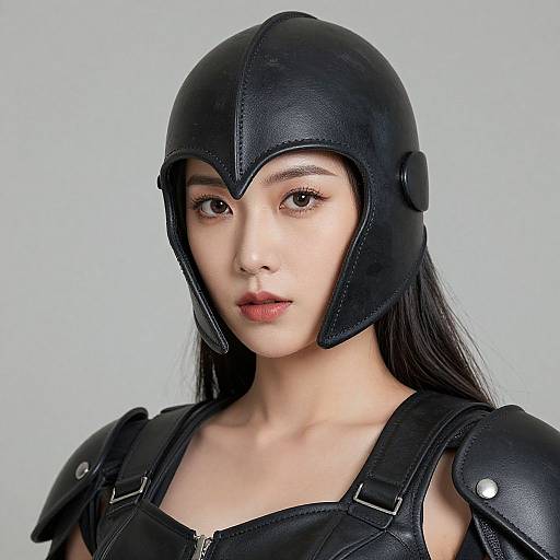 Photograph of an East Asian woman with fair skin, black leather helmet, and matching armor, looking directly at the camera.
