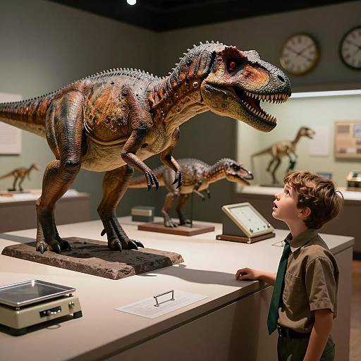 Surprised Boy at Dinosaur Museum Exhibit