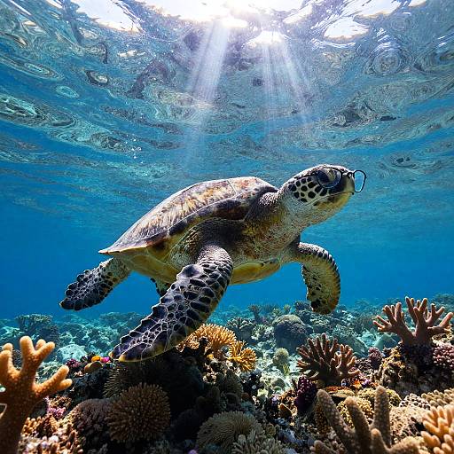 Realistic Turtle Swimming Near Coral Reefs