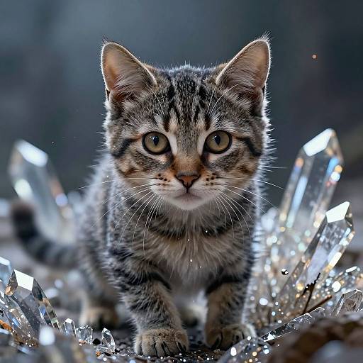 Photograph of a small, focused tabby kitten with striking green eyes, surrounded by sparkling, illuminated crystals in a dark, blurred background.