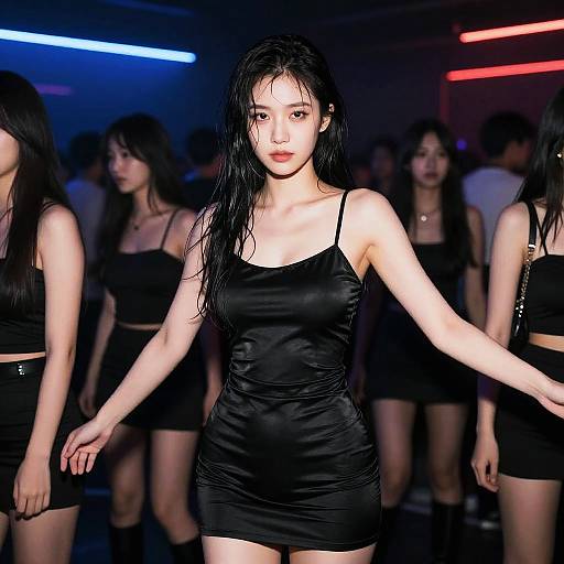 Photograph of an East Asian woman with wet black hair, wearing a shiny black spaghetti strap mini dress, walking confidently on a dimly lit runway with
