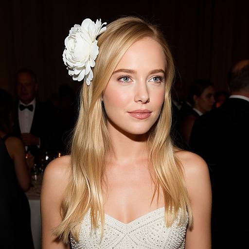 Photograph of a blonde woman with fair skin, blue eyes, and a white flower in her hair, wearing a sparkling white dress, in a dim