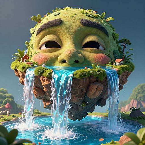 CGI image of a giant, green, blushing, plant-covered face with large eyes, holding a floating cliff with waterfall, houses, and lush