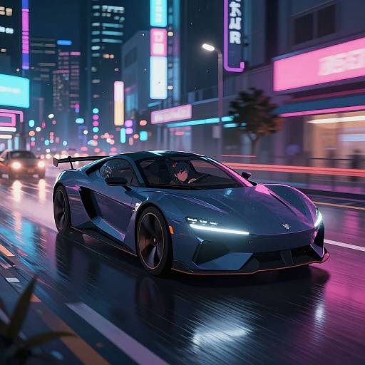 Photorealistic digital artwork of a sleek, blue sports car speeding through a neon-lit, rainy city street at night. Bright, colorful neon signs