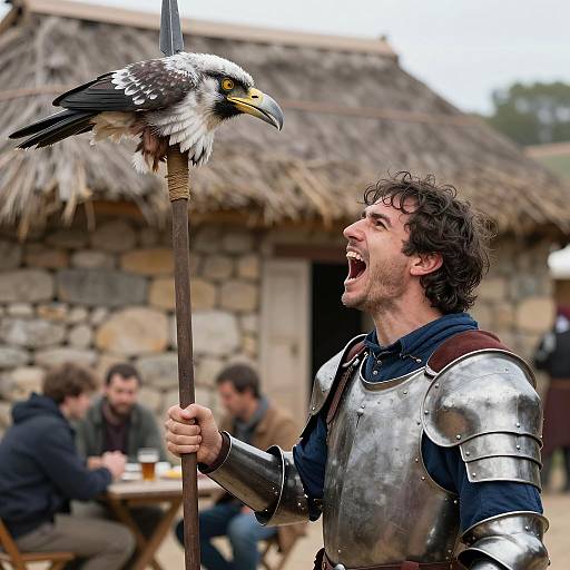 Medieval Man Holding Spear with Bird Head