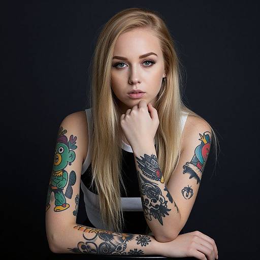 Photograph of a blonde woman with blue eyes, wearing a white tank top, showcasing colorful tattoos on her arms, against a black background. She rests