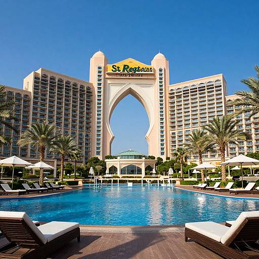 Photograph of St. Regis Resort's ornate, arch-shaped facade with clear blue pool, white sunbeds, palm trees, and bright