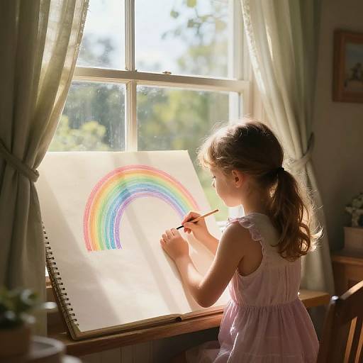 Little Girl Drawing Rainbow in Sunlit Window