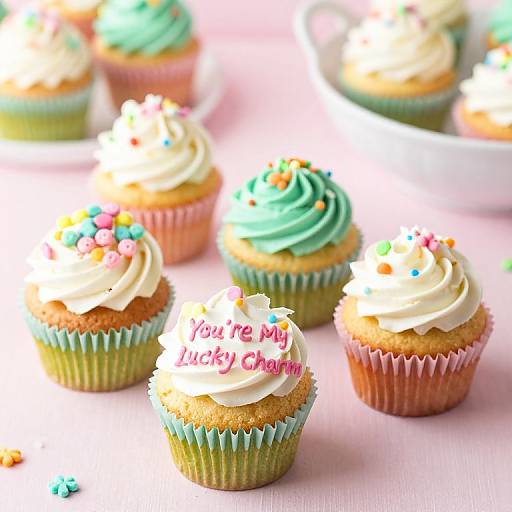 Photograph of colorful cupcakes with white and green frosting, sprinkles, and 