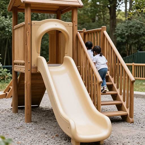 Toddlers Playing on Wooden Slide