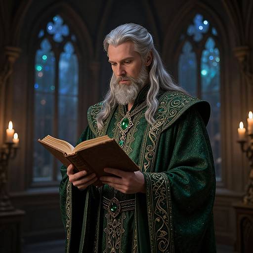 Mystical Silver-Haired Sage in Gothic Setting