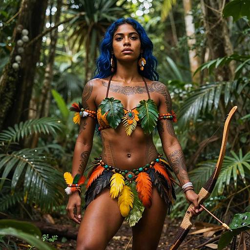 Photograph of a tattooed, blue-haired woman with dark skin, wearing a colorful feathered bikini and holding a bow in a lush jungle.