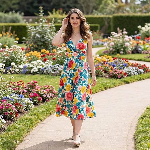Woman in Floral Dress in Garden