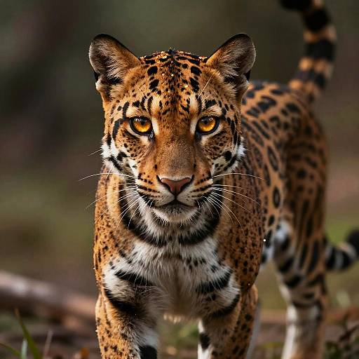 Photograph of a fierce, focused jaguar with striking orange eyes, detailed black and orange spotted fur, and a blurred forest background.