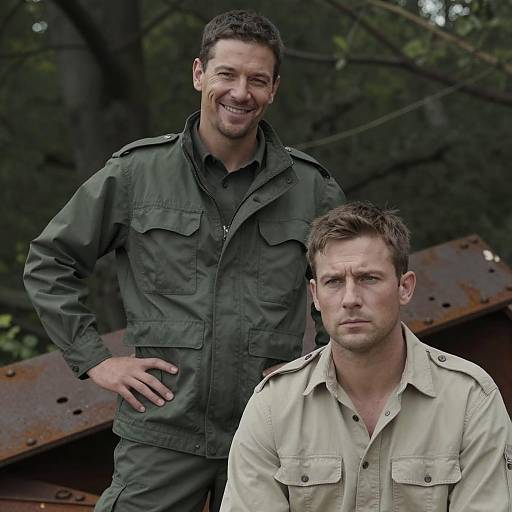 Two Men in Military Style Clothing Outdoors