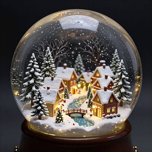 Photograph of a detailed snow globe featuring a lit, snowy village with glowing windows, a small bridge, and snow-covered trees.