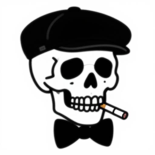 Digital cartoon of a white skull wearing a black beret, black bow tie, and holding a cigarette in its teeth.