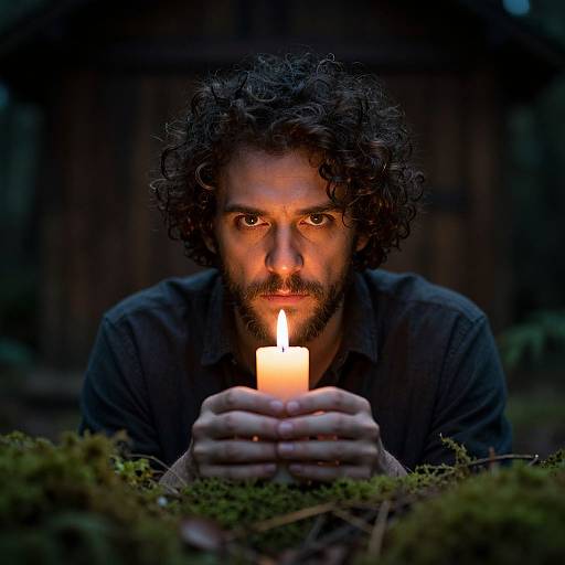 Photograph of a curly-haired, bearded man with intense eyes, holding a lit candle, illuminated against a dark, moody forest background.