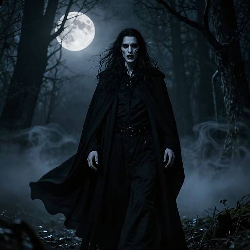 Photograph of a menacing, long-haired figure in a dark cloak, standing in a foggy forest under a full moon, with eerie blue lighting.