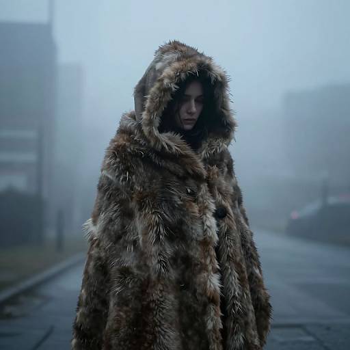 Photograph of a woman in a thick, brown fur hooded coat standing on a foggy, empty urban street, with blurred buildings in the background