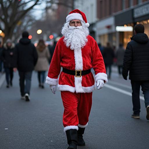 Photograph of a man in a full Santa Claus outfit with a white beard, standing on a city street at night, surrounded by blurred pedestrians and storefront