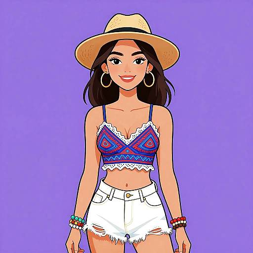 Digital illustration of a smiling Latina woman with tan skin, wearing a straw hat, colorful lace crop top, white frayed shorts, hoop earrings, and