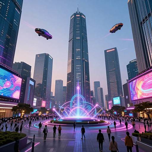 Photograph of a futuristic cityscape at dusk, featuring a glowing fountain, flying cars, and neon-lit skyscrapers with crowds below.