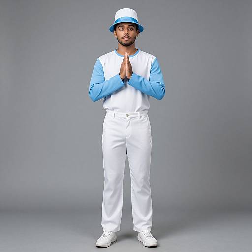 Photograph of a bearded man standing, praying with hands together, wearing a white hat, blue long-sleeve shirt, white pants, and