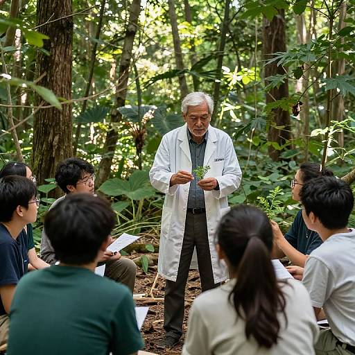 Photograph: Elderly male scientist in white lab coat stands in forest, speaking to seated Asian students in green and black attire. Dense greenery surrounds