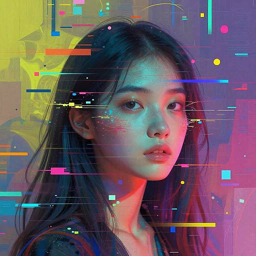 Digital portrait of an Asian woman with long black hair, glowing neon blue and pink light, surrounded by vibrant, colorful geometric lines against a yellow and purple