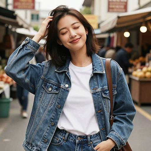 Photograph of a smiling Asian woman with shoulder-length black hair, wearing a blue denim jacket and white tee, standing in a bustling outdoor market with blurred