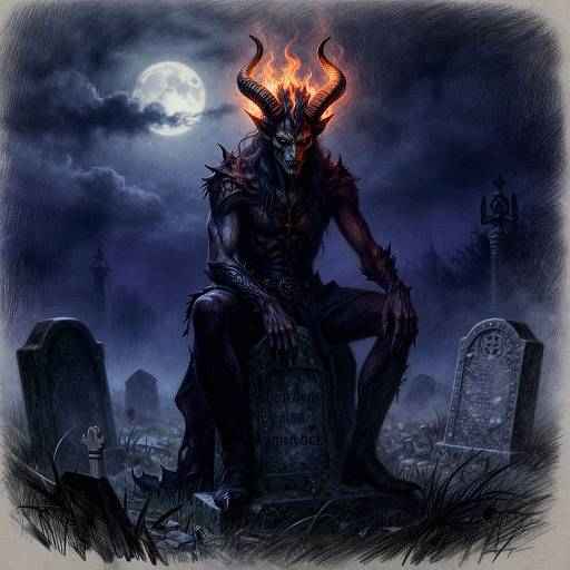 Digital art: Dark, demonic horned figure with glowing orange horns, sitting on a gravestone under a full moon, surrounded by tombstones in a
