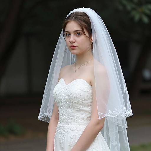Photograph of a young Caucasian bride with fair skin, brown hair, wearing a white lace strapless wedding dress and veil, standing outdoors with a dark