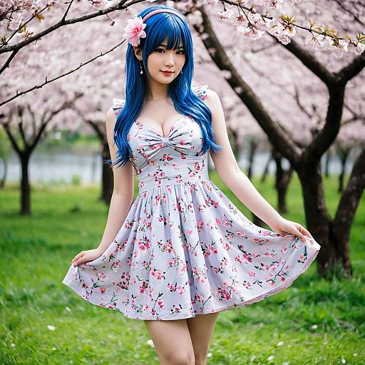 Woman in Floral Dress with Blue Hair under Cherry Blossoms