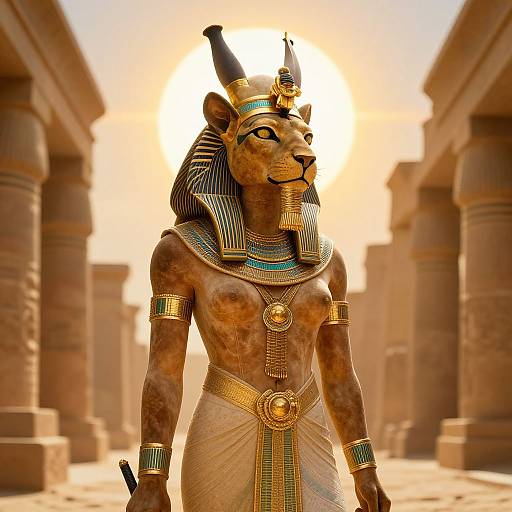 Digital art of an anthropomorphic lioness deity with Egyptian attire, gold jewelry, and striped headdress, standing in a sunlit ancient temple.