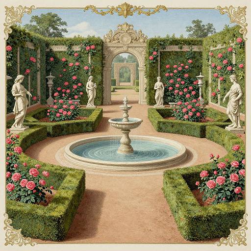 Photorealistic digital painting of a grand, rose-filled garden with a central fountain, statues, and an ornate arched gate in the background.
