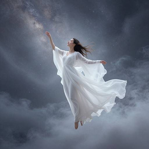 Photograph of a woman with long dark hair, wearing a flowing white dress, floating gracefully against a cosmic, starry night sky.