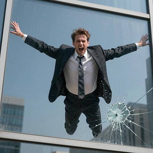 Man Falling Through Shattered Glass Window