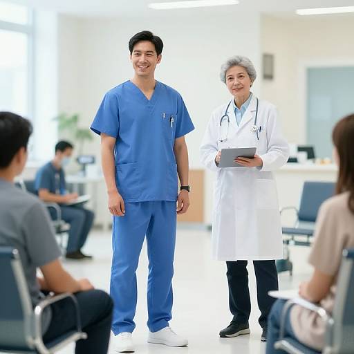 Photograph of an Asian male nurse in blue scrubs and an older Asian female doctor in white lab coat standing in a bright, modern waiting room with