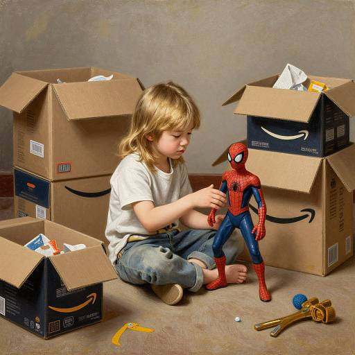 Photograph of a blonde-haired child in a white t-shirt and jeans, sitting on the floor, assembling a Spider-Man action figure among open cardboard boxes