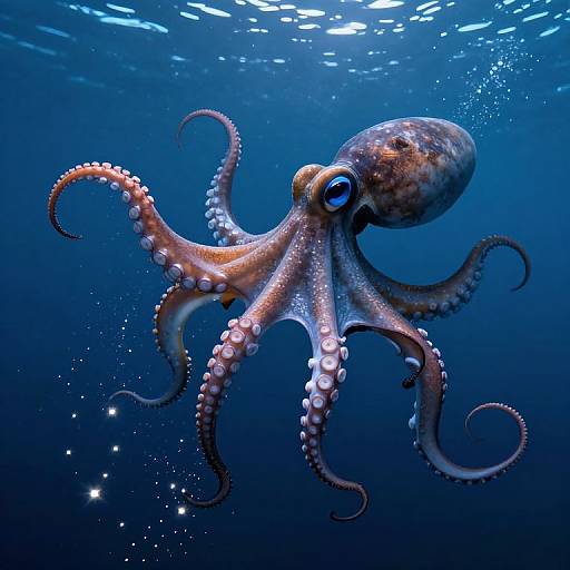 Photograph of a vibrant, detailed octopus with pink and brown mottled skin, blue eye, and white suckers, swimming in a deep